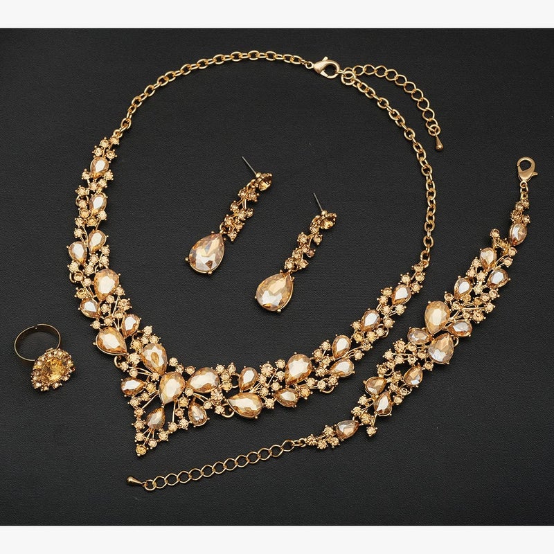 CSY Women's Austrian Crystal Necklace Earrings Bracelet Ring Bridal Jewelry Sets for Brides Wedding Party Costume Accessories (Champagne Gold) - Image 4